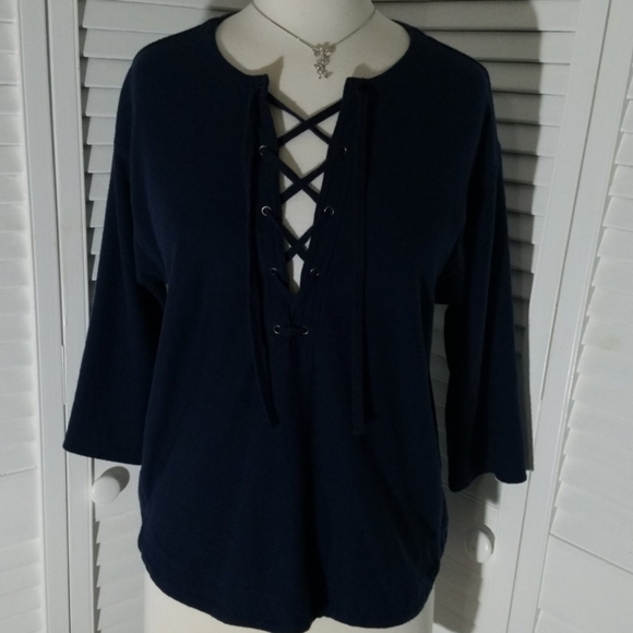Madewell Navy Blue Sailor Top with criss cross tie - Picture 2 of 7